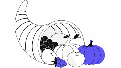 A whimsical black and white illustration of a horn of plenty filled with various fruits and pumpkins, featuring a splash of purple.
