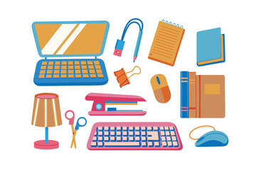 Organized Office: A carefully curated collection of office essentials, including a laptop, keyboard, stapler, and other stationery items