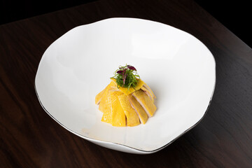 Close-Up of Chinese White Cut Chicken, Crispy Butter Chicken Dish