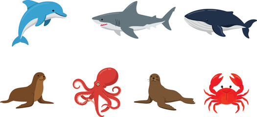 Fototapeta premium Cartoon aquatic animals collection