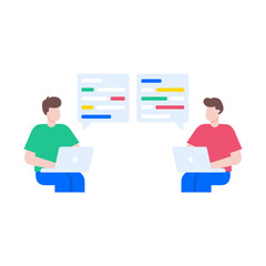 A flat style illustration showing a person doing code discussion
