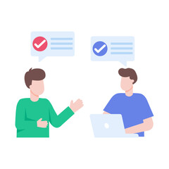 A flat style illustration showing discussion of two persons