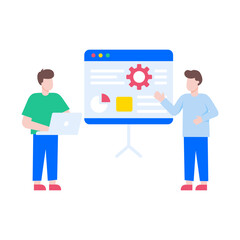 A flat style illustration showing a person presenting report