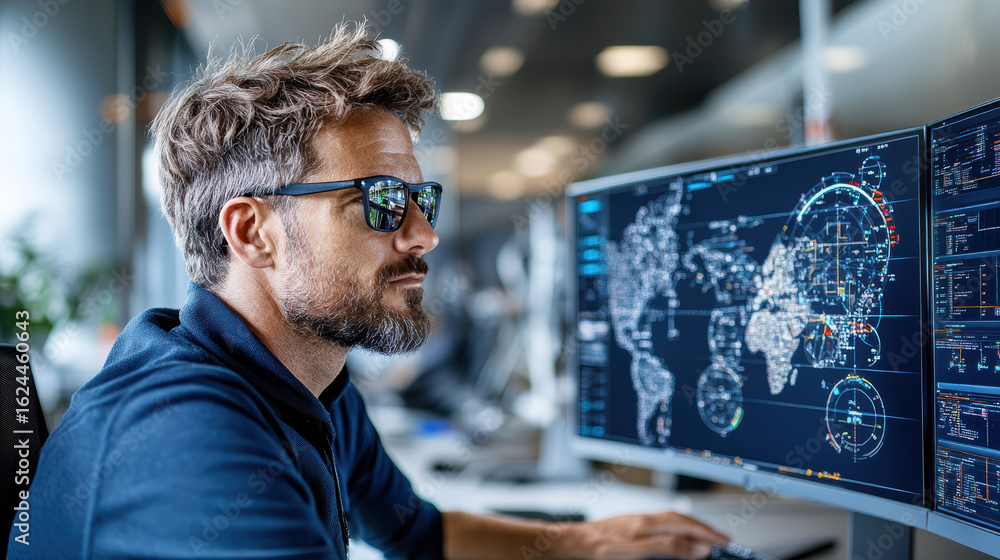 Poster focused individual wearing sunglasses analyzes data high tech monitor displaying global maps