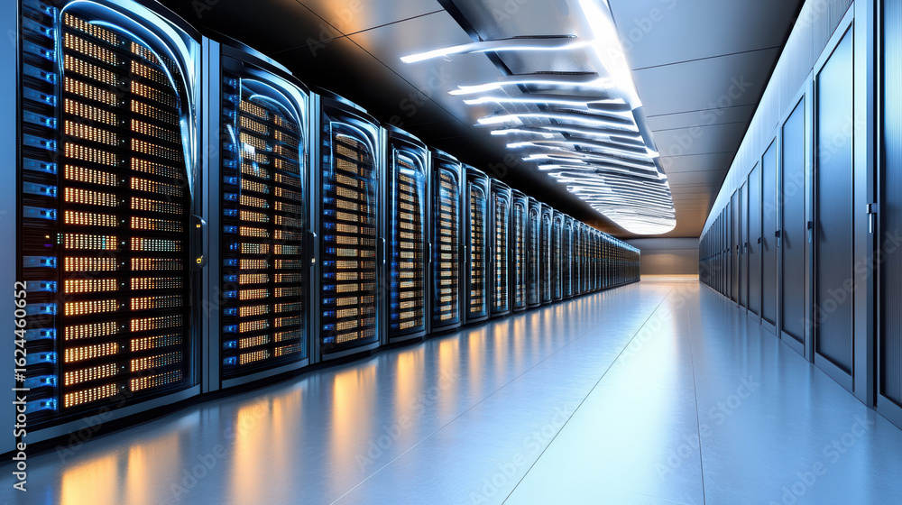 Poster high tech server room with rows of servers and illuminated ceiling lights, showcasing modern