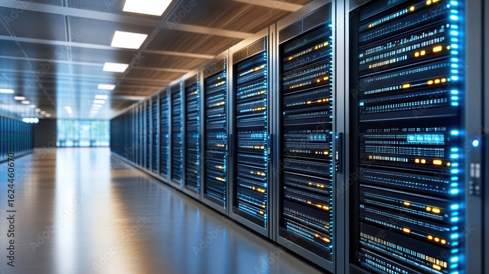 Poster high tech server room with rows of illuminated data storage units, showcasing advanced
