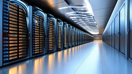 Fototapeta premium High tech server room with rows of servers and illuminated ceiling lights, showcasing modern