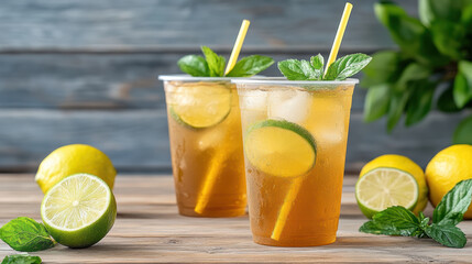 Fototapeta premium Refreshing iced tea with lime served in plastic cups, garnished with mint leaves
