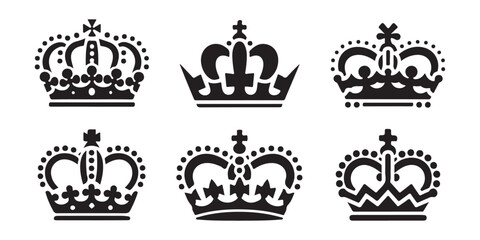A collection of six black crown illustrations with varying designs on a white background royalty symbols