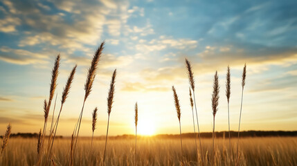 Tranquil sunset over golden grass field, creating serene atmosphere