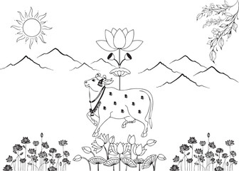 Holy cow in Kalamkari, an Indian traditional art