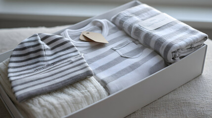 Baby Gift Set Newborn Essentials in Neutral Gray and White Striped Pattern, Knitted Hat, Swaddle Blanket, Cotton Bodysuit with Tag in a White Gift Box for Baby Shower or New Parent Gift