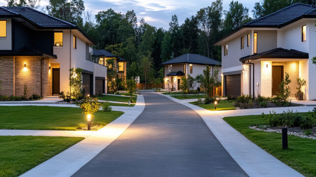 Modern suburban neighborhood with elegant houses and well maintained lawns, illuminated pathways