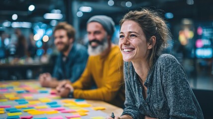 Show the power of collaboration with a team of all ages contributing ideas in a vibrant workspace