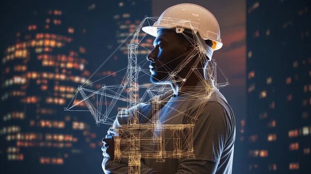 Engineer in helmet observes crane and skyscraper framework. Night city lighting highlights tower construction. Concrete architecture shows city growth. Construction and crane define architecture city.