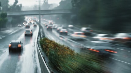 The rainy highway traffic with blurred motion and wet asphalt road.
