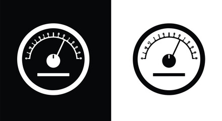 Two minimalist icons of a speedometer gauge, one white on black and the other black on white, indicating high speed.
