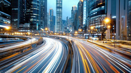 Fototapeta premium Urban night scene with light trails from cars, showcasing vibrant city skyline