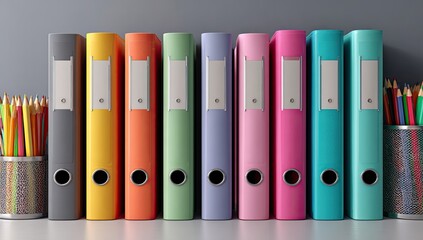 Fototapeta premium Row of colorful file folders, various shades, with pencils in front