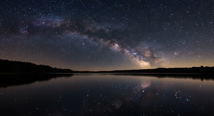 Fototapeta premium Peaceful night landscape showing the Milky Way galaxy arching over a serene lake with its perfect reflection.