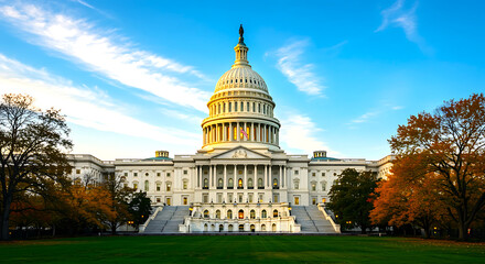 Fototapeta premium Majestic united states capitol building illuminated by golden hour sunlight under a dramatic sky with wispy clouds