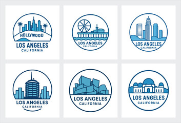 Los Angeles California Skyline Logo Emblem with Iconic Landmarks and Bold Design