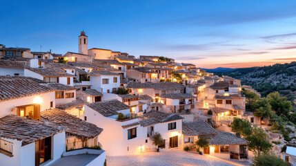 Obraz premium Charming village rooftops illuminated dusk, showcasing serene atmosphere and beautiful