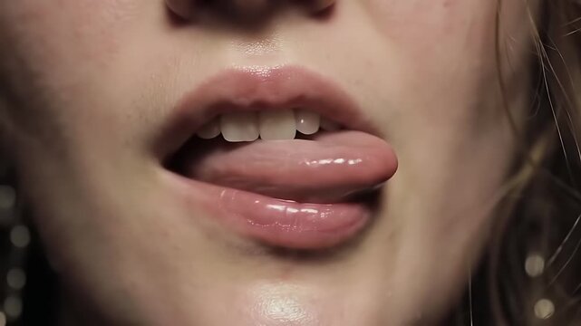 Alluring Close Up of Young Woman's Lips Playfully Sticking Out Tongue in Slow Motion Showing Glossy Texture and Youthful Expression Emphasizing Sensuality and Subtle Oral Movements for Sensual