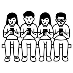 Black and White Vector Illustration of Students Using Mobile Phones on a Bench