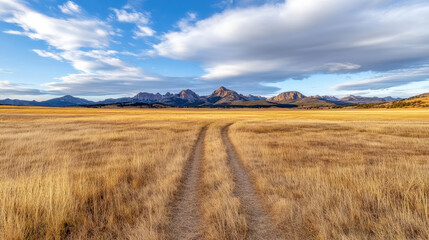 Fototapeta premium Wide open pasture with dirt path leading to mountains under blue sky
