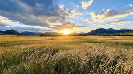 Obraz premium Golden meadow at sunset with mountains in background, creating serene landscape