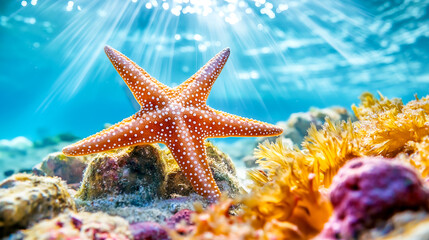 Starfish in the summer sea background with coral reef sea life concept