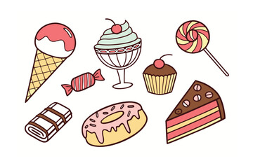 Assortment of Tempting Treats: A whimsical array of confectionery delights, each a testament to the simple joy of sweet indulgence. Includes ice cream, sundae, candy, cupcake, donut and cake.