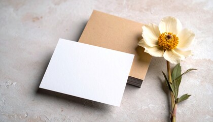 Blank business cards and a cream-colored flower on a light gray surface, showcasing stationery design elements.