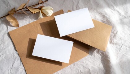 Blank business cards, kraft envelopes, and dried flowers on a linen cloth, showcasing a minimalist aesthetic.