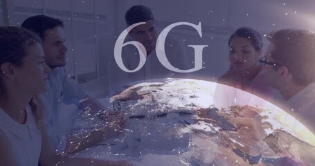 Five colleagues leaning reviewing notes in tech meeting initiating digital globe rising into 6G - Powered by Adobe