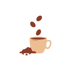 Obraz premium A warm cup of coffee with beans falling in, illustrating the brewing process. A minimalist icon for a cafe or beverage menu.