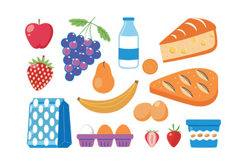 Fresh Food Assortment: a vibrant collection of fresh, colorful fruits, dairy products, and grains. Displaying a delightful array of essential ingredients.