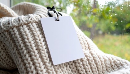 Close-up of a beige knitted sweater with a blank price tag.
