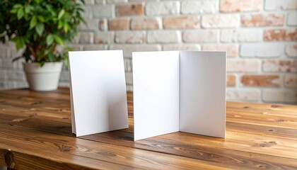 Two blank white brochures stand upright on a wooden table in front of a brick wall.