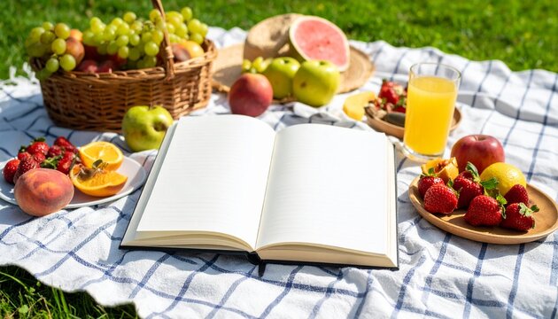 Picnic scene featuring an open book surrounded by various fruits and juice.