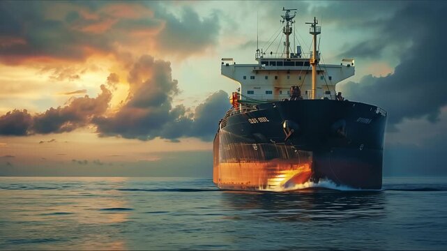 Aerial view of a big LNG or fossil fuel tanker ship traveling over the ocean during sunset. Oil tanker at sea