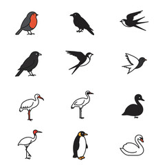 Fototapeta premium Charming bird icons showcase diverse species including robin, crane, penguin, and swan