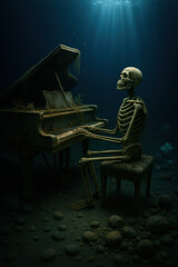 Skeleton at a Grand Piano on Ocean Floor – Surreal Underwater Scene