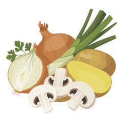Fresh assortment of vegetables including onion potato leek and mushrooms