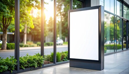 Blank billboard stands on a sidewalk near a building with glass windows, greenery and a street in the background.