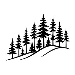 Obraz premium Pine Trees Forest on Hills Silhouette Vector - Symbol for Nature, Camping, and Outdoor Adventure