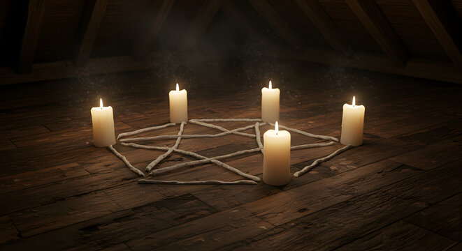 Evocative ambiance of glowing candles illuminating a mystical pentagram on a wooden surface