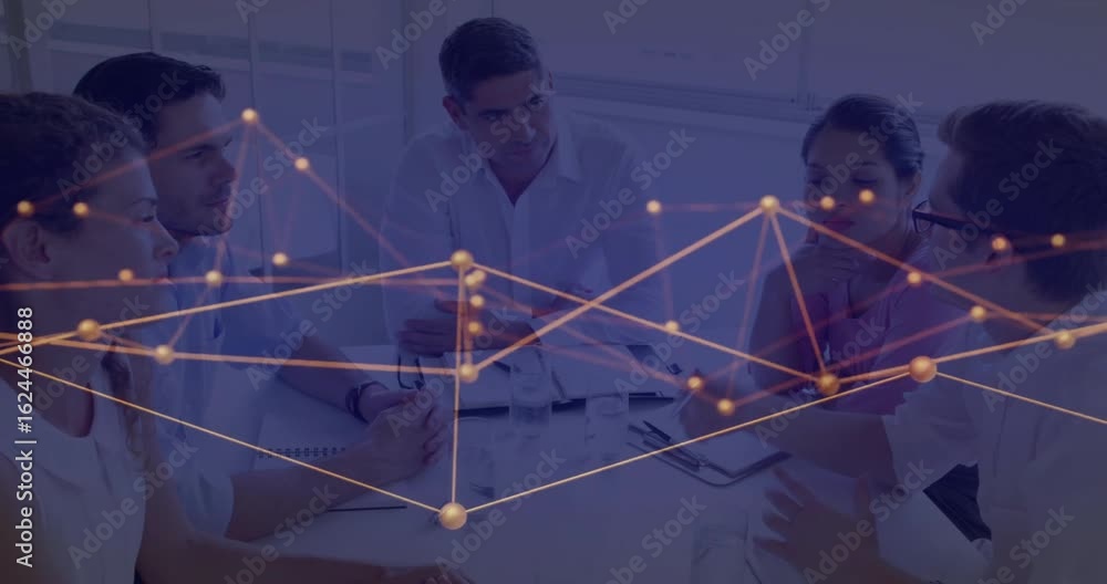 Aufkleber business team tapping tablet activating network overlay forming node graph for insights