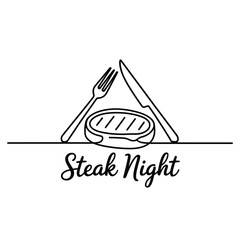 Simple line art steak dinner with fork and knife and steak night text